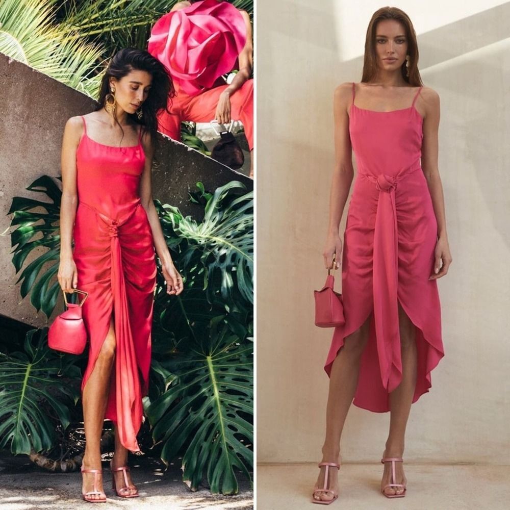 NWT Sz M Cult Gaia Natasha High-Low Ruched Midi Dress Hibiscus Pink Fuschia